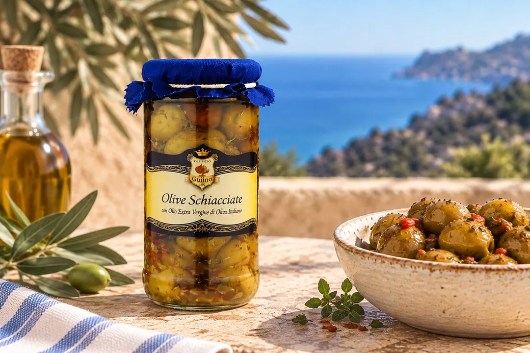 Tradisjonelle sicilianske knuste oliven marinert med paprika, villfennikel, urter, hvitløk og extra virgin olivenolje. Smaksrike og aroma=ske – en klassisk smak av Sicilia.