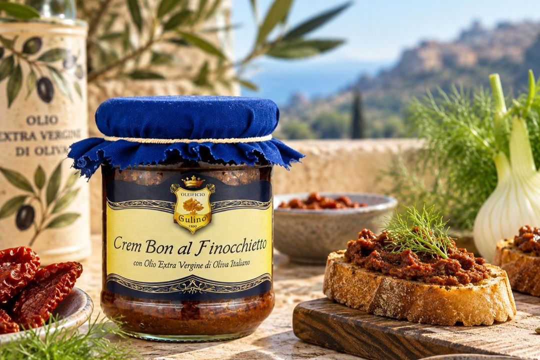Tradisjonelle sicilianske knuste oliven marinert med paprika, villfennikel, urter, hvitløk og extra virgin olivenolje. Smaksrike og aroma=ske – en klassisk smak av Sicilia.