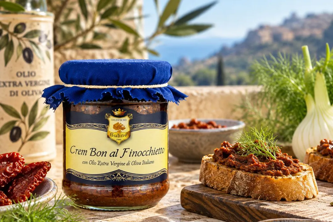 Tradisjonelle sicilianske knuste oliven marinert med paprika, villfennikel, urter, hvitløk og extra virgin olivenolje. Smaksrike og aroma=ske – en klassisk smak av Sicilia.